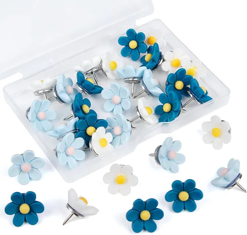 Alfileres decorativos, 30 alfileres de flores para tablero de corcho, tachuelas azules para pulgares, bonitos pasadores de empuje divertidos