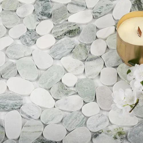 Diflart Azulejo de piedra natural para suelo de ducha, ovalado verde esmeralda, 4 hojas, mosaico de guijarros en rodajas para cocina, baño, suelo y