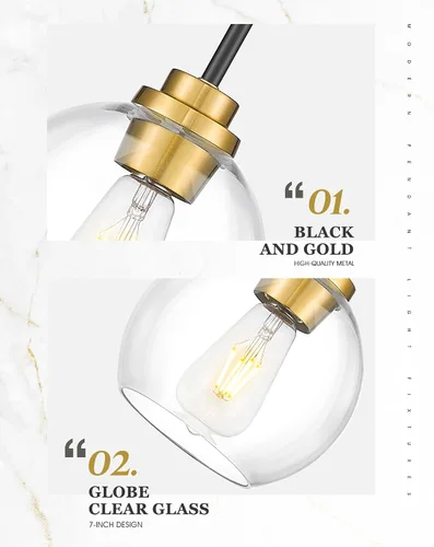 Miniatura 3 de Luces Colgantes para Isla de Cocina, 7" Luminarias Colgantes Negras y Doradas con Pantalla de Globo de Vidrio Transparente, Iluminación Moderna