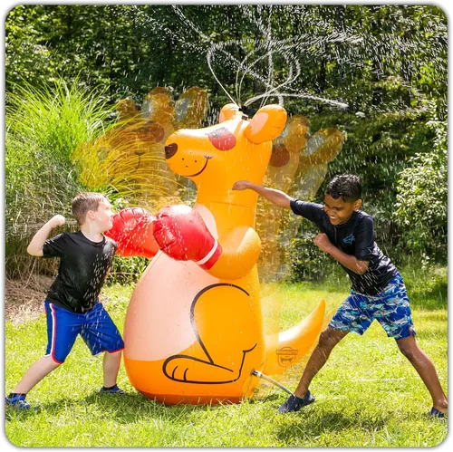 Aspersor inflable gigante de canguro de boxeo, juguete de salpicaduras de agua para patio trasero con guantes de perforación y acción de