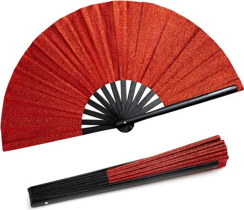 Miniatura 8 de Hasina Ventilador de mano plegable grande con purpurina, ventilador de mano plegable de bambú para hombres y mujeres, diseño brillante para fiestas
