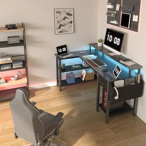 Miniatura 2 de Lufeiya Escritorio para juegos en forma de L con cajones de tela y estantes de almacenamiento, escritorio de oficina en casa de 47 pulgadas con Negro