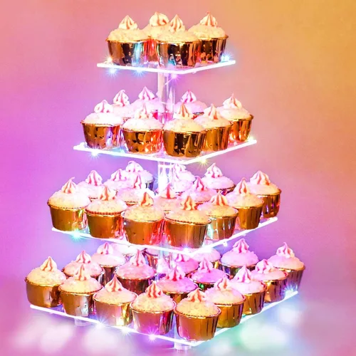 Miniatura 8 de weddingwish Soporte para cupcakes, soporte cuadrado de acrílico de 4 niveles con cadena de luces LED, torre de postre para pastelería