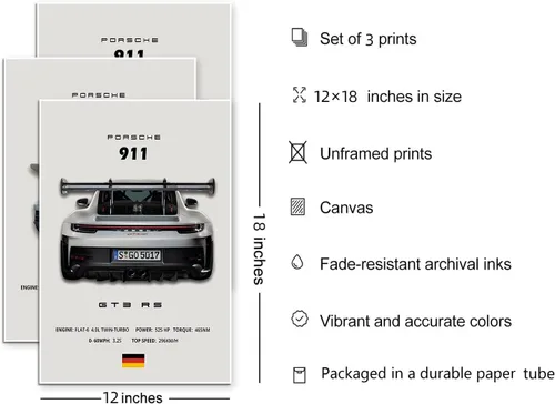 Miniatura 2 de VejiA Póster de automóvil en lienzo para pared, póster 911 GT Turbo para hombres, decoración estética de dormitorio (12 x 18, sin marco 2)