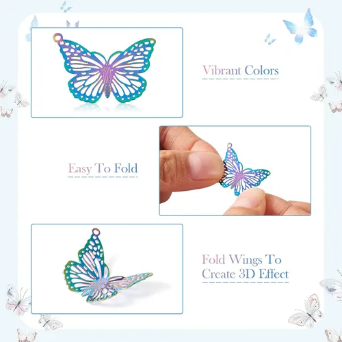 Miniatura 2 de Pandahall - 48 colgantes de acero inoxidable con diseño de mariposa y filigrana de colores, dijes de mariposa de animales, adornos de metal grabado