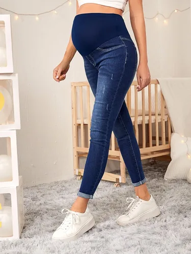 Miniatura 4 de Floerns Pantalones de mezclilla de maternidad de cintura alta con dobladillo rasgado, con bolsillo para mujer