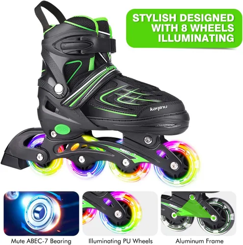 Miniatura 4 de Patines en línea ajustables, patines en línea para exterior con ruedas completamente iluminadas para niños y adultos, mujeres, niñas y niños B-verde