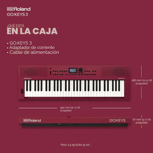 Miniatura 6 de Roland GO:KEYS 3 Teclado de creación de música Teclado de 61 notas Altavoces estéreo integrados Soporte Bluetooth de audio/MIDI para Rojo