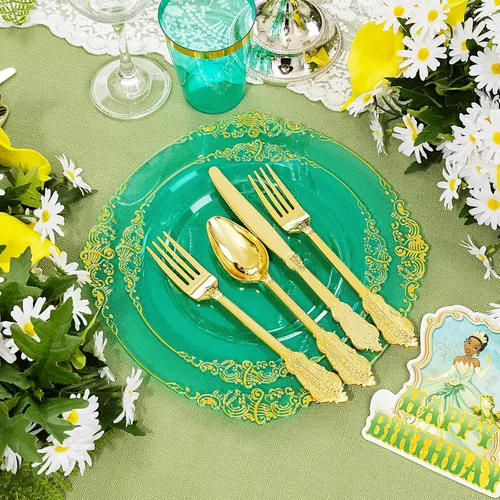 Miniatura 7 de Hioasis 175 platos de plástico verde transparente, elegante juego de vajilla desechable adecuado para 25 invitados, incluye platos de cena de 10.25