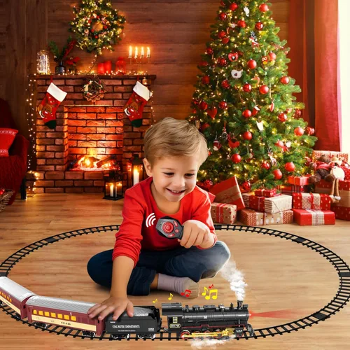 Miniatura 5 de Conjunto de Tren Hot Bee para Niños, Juego de Tren de Navidad con Control Remoto con Locomotora de Vapor, Coches de Pasajeros Ligeros y Pistas