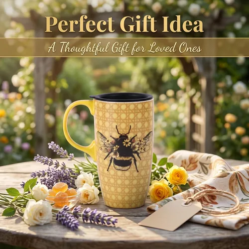 Miniatura 7 de DUSVALLY Taza de cerámica grande Taza de café alta Tazas de viaje de porcelana Taza de café con tapa de 17 onzas, Abeja