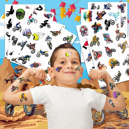 Miniatura 3 de Tatuajes temporales de motocross – 96 piezas (8 hojas) calcomanías de tatuaje falso para niños y niñas Suministros para fiestas de cumpleaños