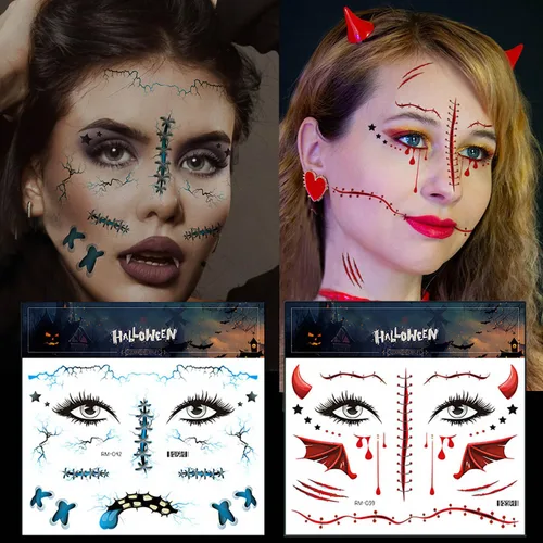 Miniatura 5 de Más de 260 piezas de 36 hojas de tatuajes falsos para Halloween, tatuajes de maquillaje de zombies temporales realistas, tatuajes de cicatrices