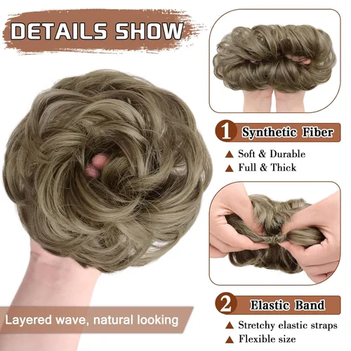 Miniatura 3 de MORICA - 1 pieza de extensiones de cabello sintético tipo moño desordenado, rizado y ondulado para mujeres (rubio cenizo y rubio más claro)
