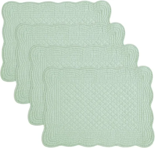 HOMBYS Juego de 4 manteles individuales acolchados rectangulares lavables para mesa de cocina, 100% tela de algodón, rectangulares, algodón, (verde