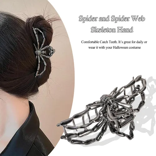 Miniatura 5 de 3 pinzas para el cabello en forma de garra con diseño de telaraña negra, mano de esqueleto y calavera para mujeres y niñas, de metal hiphop