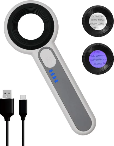 Lupa de mano 60X con luces UV y LED, lupa con lente óptica de 1.181 in, control de luz táctil, indicador LED de batería, lupa recargable para