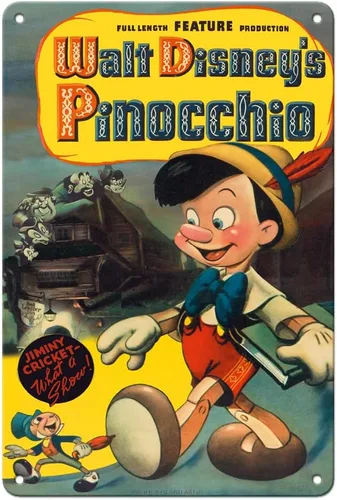 Disney's Pinocho - Cartel de metal vintage con Jiminy Cricket - Cartel de metal vintage c.1940-8 x 12 pulgadas