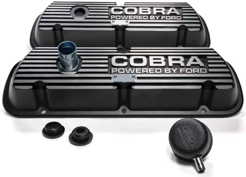 Ford Tapa de Válvulas, Corta, Deflector, Orificio de Respiro, Respiro, Logotipo Cobra, Aluminio, Pintura de Arrugas Negra, Bloque Pequeño Ford, Par