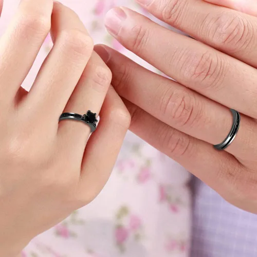 Miniatura 2 de Conjunto de canal solitario de circón negro anillo de compromiso de eternidad anillo de compromiso de 2 piezas para mujer conjuntos de anillos