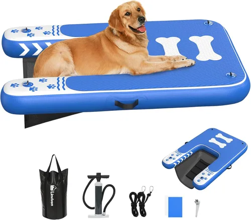 Rampa inflable para perros de hasta 240 libras, plataforma flotante con espuma EVA antideslizante, segura y fácil acceso al agua, rampa para perros