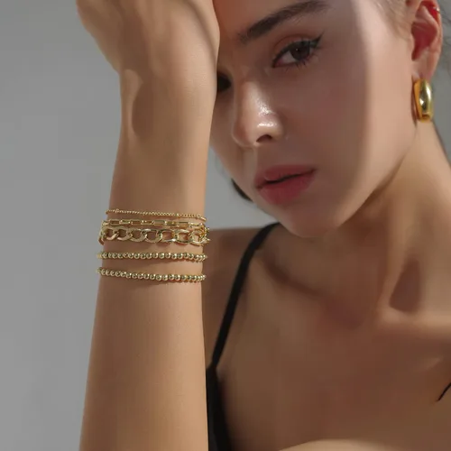 Miniatura 4 de Pulseras con cuentas de oro y eslabones de cadena chapadas en oro de 14 quilates para mujer, refinadas, ajustables