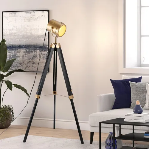 Miniatura 2 de Lámpara de pie con trípode negro industrial para sala de estar, casa de campo, iluminación de latón dorado, lámpara de pie de mediados de siglo
