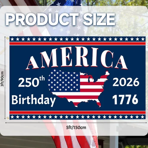 Miniatura 2 de Bandera de Estados Unidos con el número 250 aniversario, de 3 capas, doble cara, 3 x 5 pies, decoración patriótica para cumpleaños de 250 años