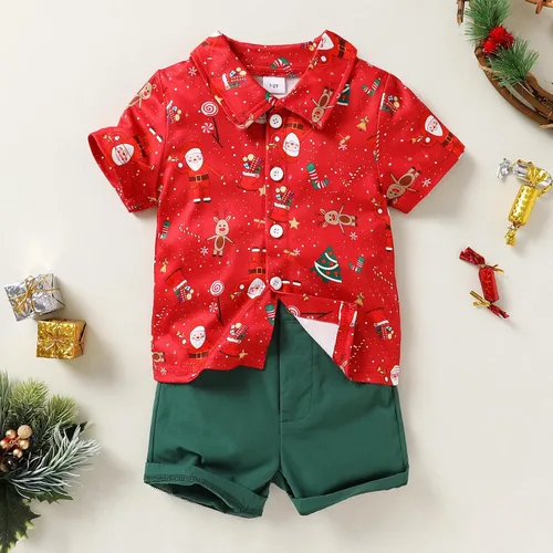 Miniatura 2 de JEELLIGULAR Conjunto de pantalones cortos y camisa con botones y estampado de Papá Noel para niños pequeños