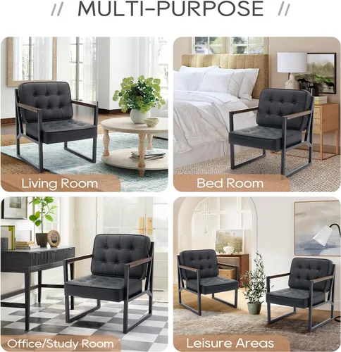 Miniatura 7 de COLAMY Juego de 2 sillas decorativas modernas de mediados de siglo, cómoda silla de sala de estar, silla decorativa de cuero negro, sillón