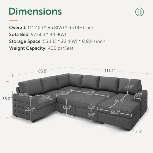 Miniatura 2 de HONBAY Sofá Seccional Sleeper con Cama Extraíble Sofá Seccional en Forma de U Cama Sleeper con Chaise de Almacenamiento Sofá Seccional Sleeper de 6