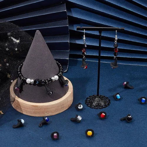 Miniatura 4 de SUNNYCLUE 1 caja de 40 ~ 60 dijes de sombrero de bruja, más opciones, color negro, plata antigua, surtido, sombreros de bruja de Halloween