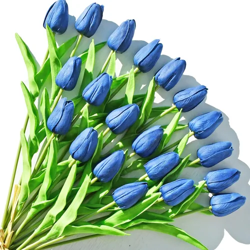 Miniatura 13 de ONLY ART Tulipanes negros artificiales, 20 unidades, flores sintéticas de poliuretano de 13.5 pulgadas con tallos flexibles para decoración