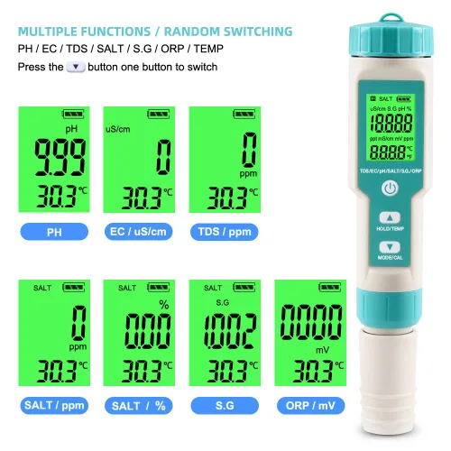 Miniatura 4 de Medidor de pH para agua 7 en 1 pH/TDS/EC/Sal/P.G/ORP/Temperatura, probador de pH digital retroiluminado impermeable LCD, medidor de TDS medidor EC