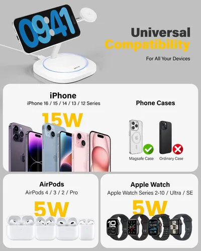 Miniatura 5 de Cargador inalámbrico magnético 3 en 1 para Apple estación de carga rápida compatible con MagSafe para iPhone 17-12, Apple Watch y AirPods, soporte