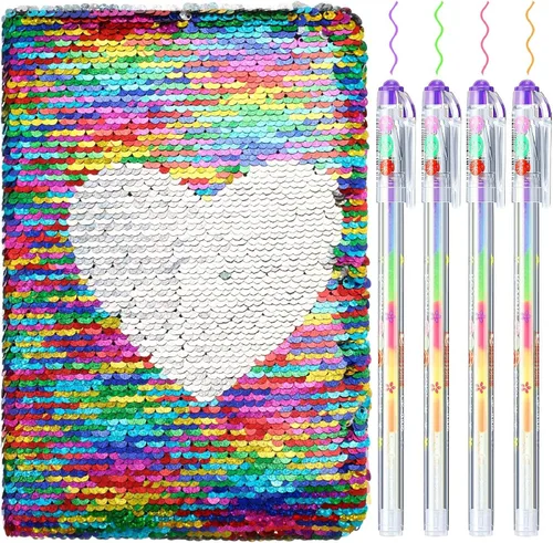 Miniatura 8 de Outus Diario de San Valentín con lentejuelas para niñas, 4 unidades, con bolígrafos de tinta de gel de color, cuaderno con purpurina, diario
