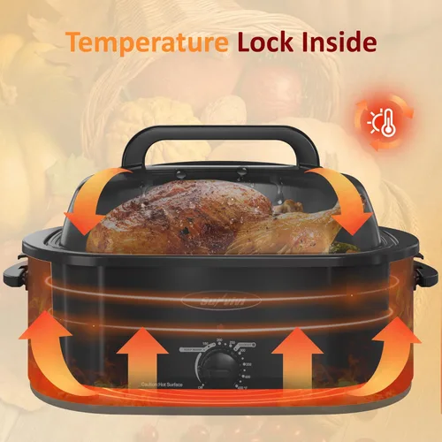 Miniatura 2 de Sunvivi Horno Eléctrico de 26 Cuartos con Tapa de Autohilvanado, Horno Eléctrico para Pavo con Bandeja Extraíble, Buffet de Asador de Pavo con Asas