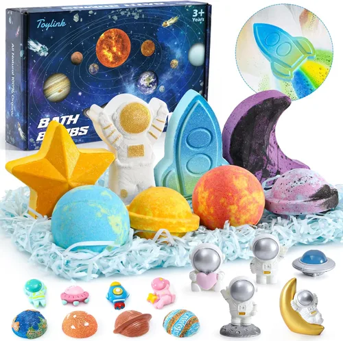 Toylink Bombas de baño espaciales para niños con sorpresa en el interior, paquete de 8 bombas de baño de galaxia con juguetes espaciales para niños