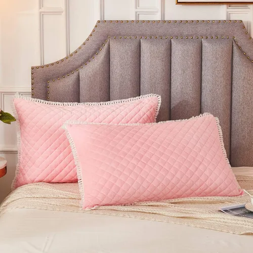 Miniatura 9 de JAUXIO Juego de 2 fundas de almohada de terciopelo acolchadas con diamantes y borlas decorativas con flecos, decorativas, acogedoras y cálidas, Rosa