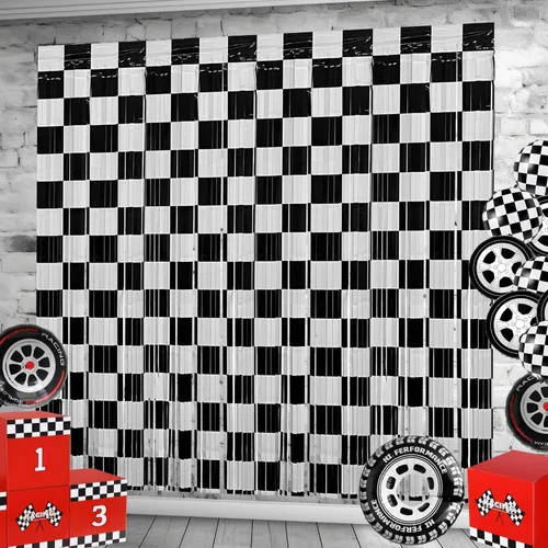 Miniatura 8 de Cortinas de Flecos de Aluminio de Coches de Carreras Telón de Fondo para Fiestas de Cumpleaños, Pack de 2, 1.00 x 2.00 m Cortinas de Flecos