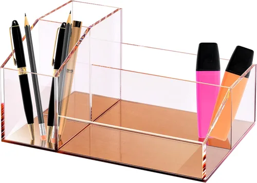 Miniatura 7 de Organizador de brochas de maquillaje de acrílico transparente con base metálica de oro rosa, 4 compartimentos organizadores de oficina
