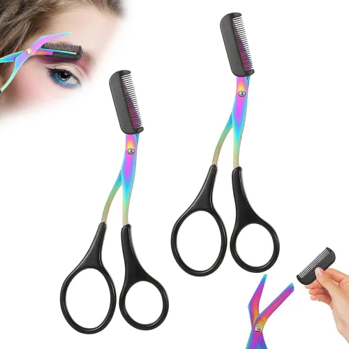 Miniatura 12 de Tijeras de cejas 2 en 1 con peine, cortador de cejas de acero inoxidable de precisión, tijeras de aseo antideslizantes para hombres y mujeres, Azul