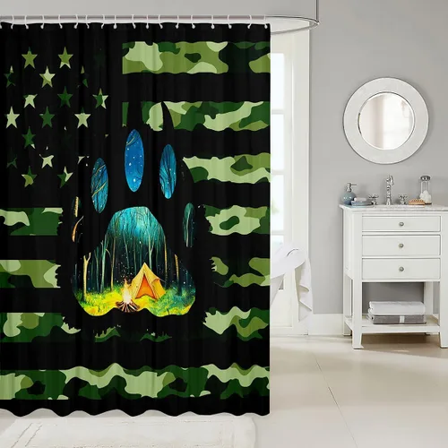 Miniatura 2 de Erosebridal American Flag Shower Curtain 72" Wx72 L Army Green Camo Waterproof Bathroom Curtains Bear Claw Hunting Theme Bathroom Shower Curtain