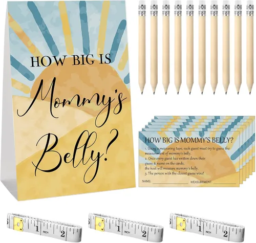 Miniatura 10 de Sabary 64 Piezas Juegos de Baby Shower Incluyen Letrero How Big is Mommy's Belly Sign Measure Bump Game 50 Tarjetas 10 Lápices 3 Cintas Métricas