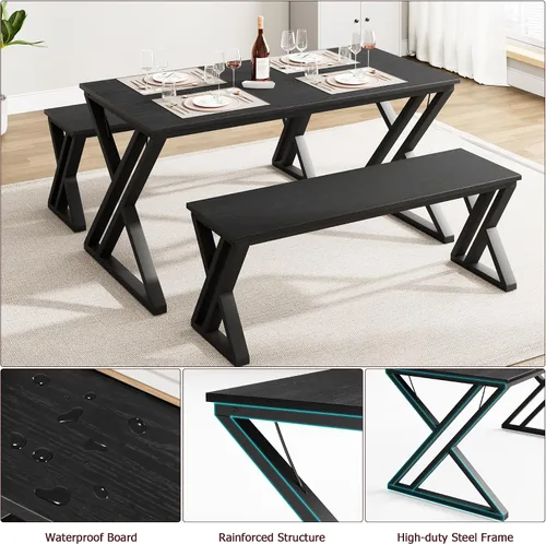 Miniatura 4 de GAOMON Juego de mesa de comedor de 55 pulgadas para 4-6, juego de mesa de cocina con 2 bancos, juego de mesa de comedor rectangular con marco