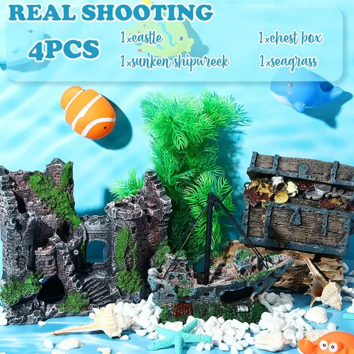 Miniatura 2 de Wenqik Decoraciones de Acuario Grandes, Naufragio Hundido de Resina, Cofre del Tesoro Submarino, Ruinas de Castillo Antiguo Túnel Casa, Plantas