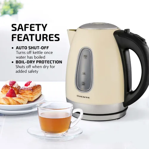 Miniatura 2 de Ovente. Hervidor de agua eléctrico de 0.45 galones, inalámbrico, de acero inoxidable, libre de BPA, Beige Beige KS96
