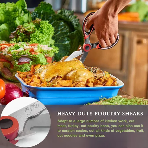 Miniatura 3 de Acelone - Tijeras de cocina de alta calidad, resistentes ultra afiladas, de acero inoxidable, multifunción, para pollo, aves de corral, pescado, Rojo