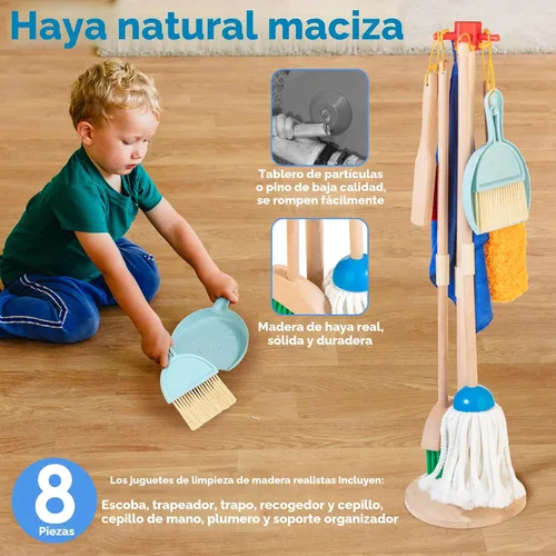 Miniatura 3 de Conjunto de limpieza de madera para niños pequeños, 8 piezas de juguetes de limpieza Montessori con escoba y trapeador para niños, juguete