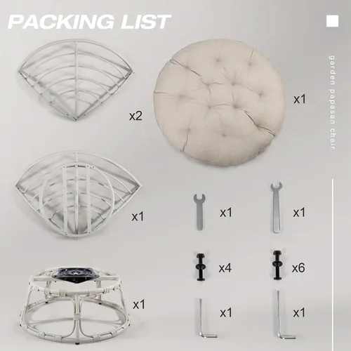 Miniatura 5 de Papasan - Silla con cojín, base giratoria de 360°, platillo grande, marco gris claro, poliéster beige